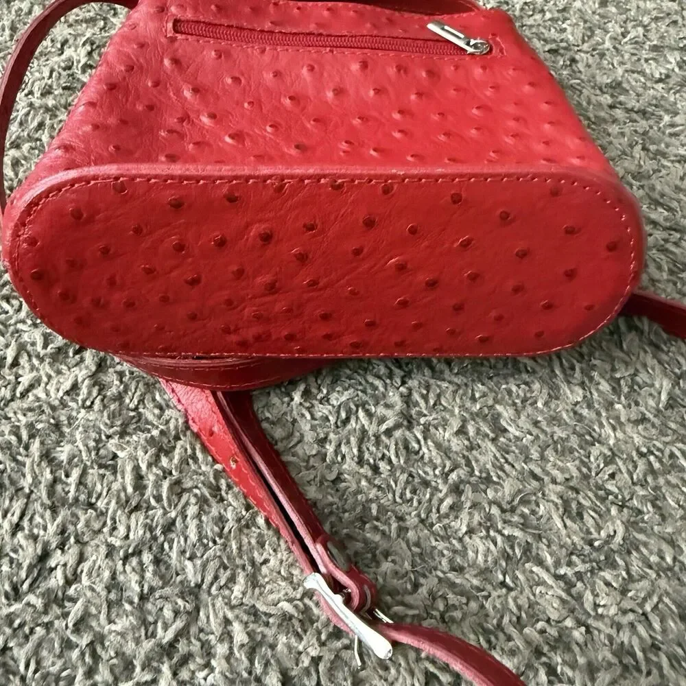 Red Ostrich Leather Crossbody‎ Bag Textured Small Shoulder Purse Zip Top Pocket